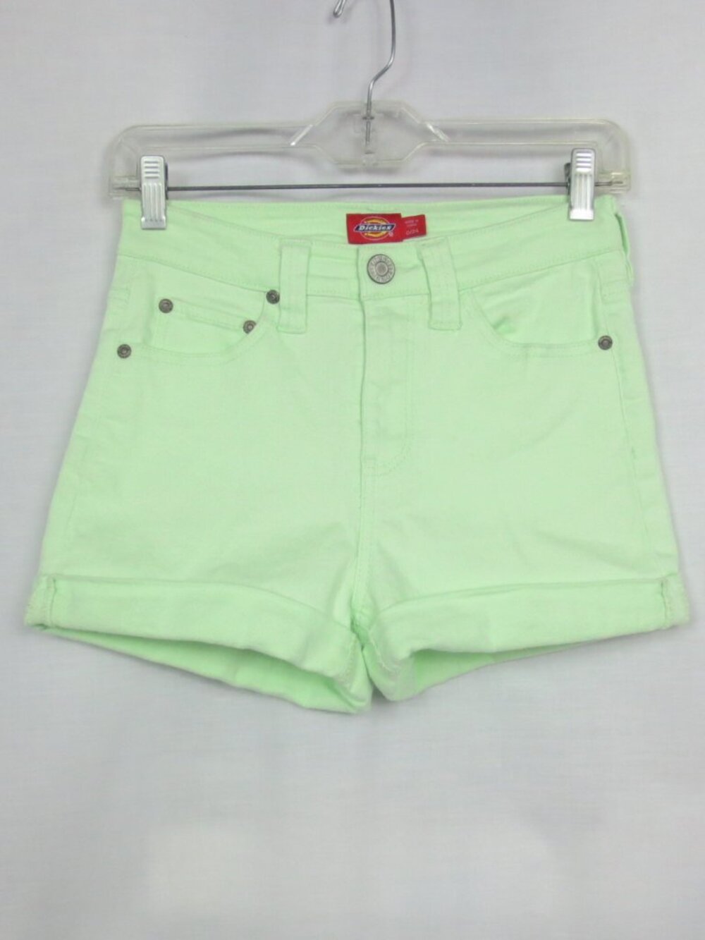NEW Dickies Shorts Light Green Cotton Denim Cuffed High Waist Shortie Size 0/24